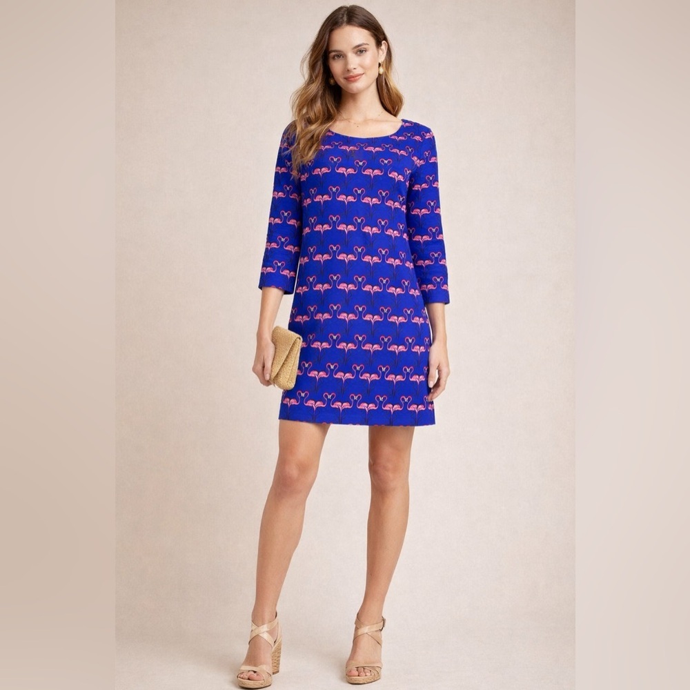 Harlyn Flamingo Print Silk Shift Dress XS Anthropologie Bluepink 3/4 slv Tunic